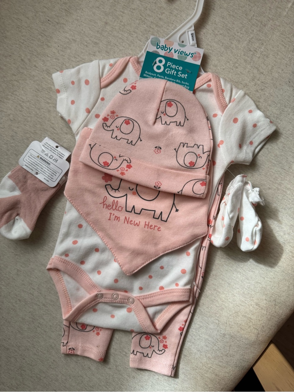 NWT Baby Views I’m New Here Pink Elephant 8-Piece Bodysuit Gift Set 0-3 months